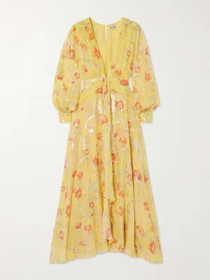 Meera gathered floral-print metallic fil coupé silk-blend maxi dress