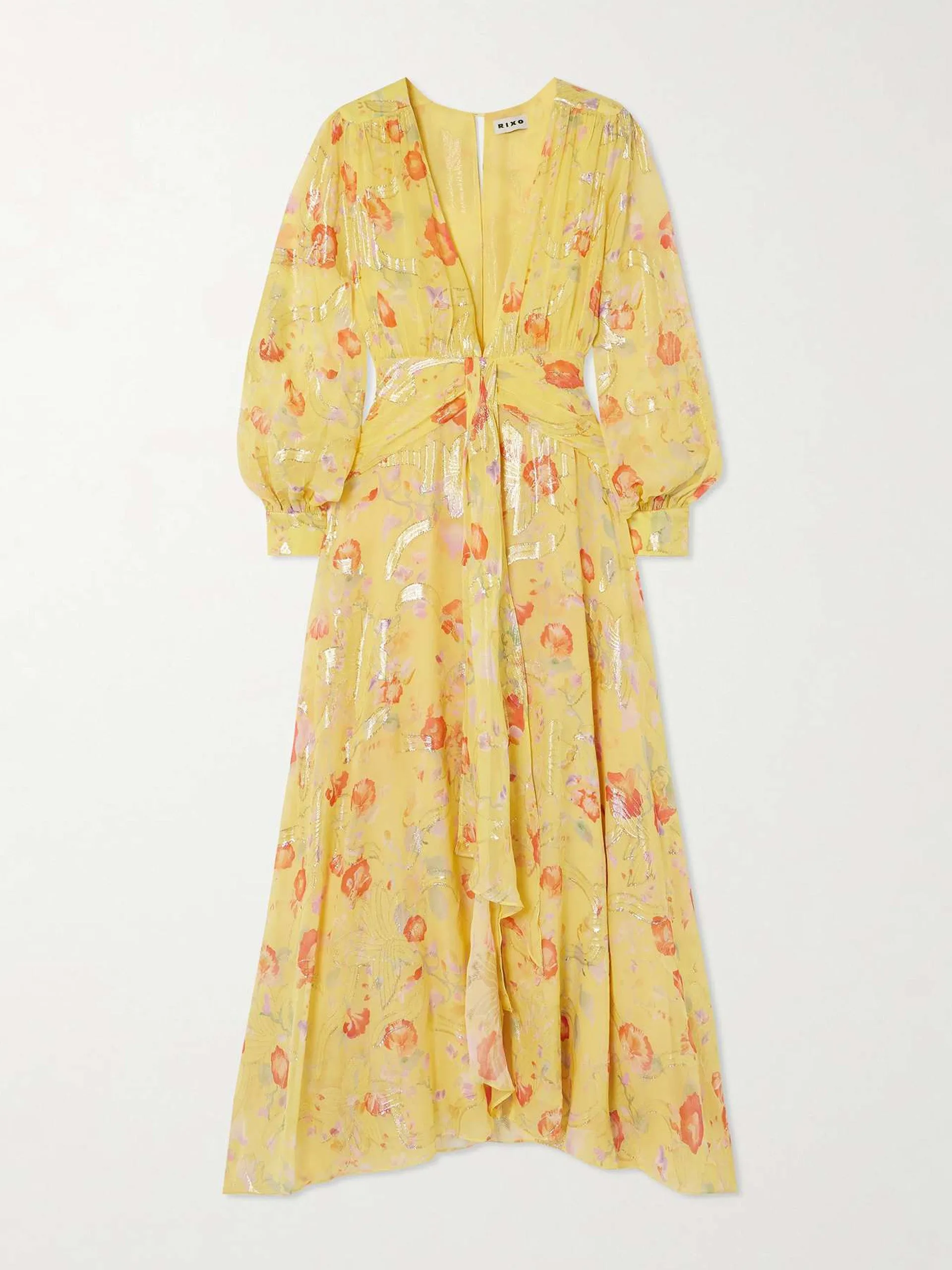 Meera gathered floral-print metallic fil coupé silk-blend maxi dress