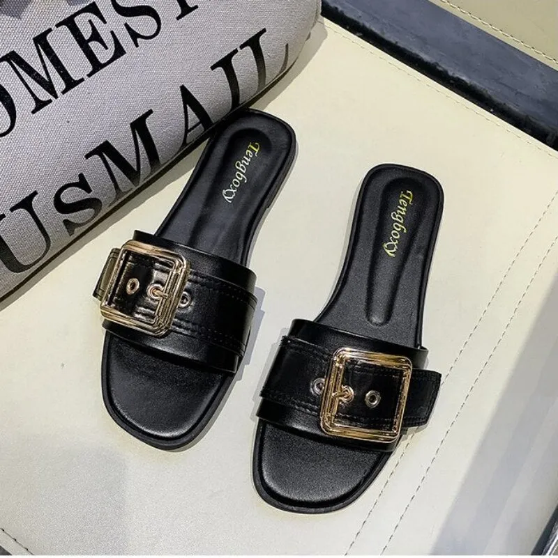 New Women Slides Personality Buckle Open Toe Wear-resistant Office White Flat Slippers Summer Sandy Beach Sandals Women Shoes