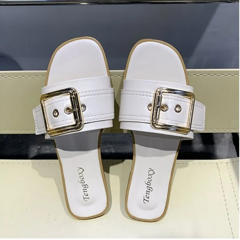 New Women Slides Personality Buckle Open Toe Wear-resistant Office White Flat Slippers Summer Sandy Beach Sandals Women Shoes