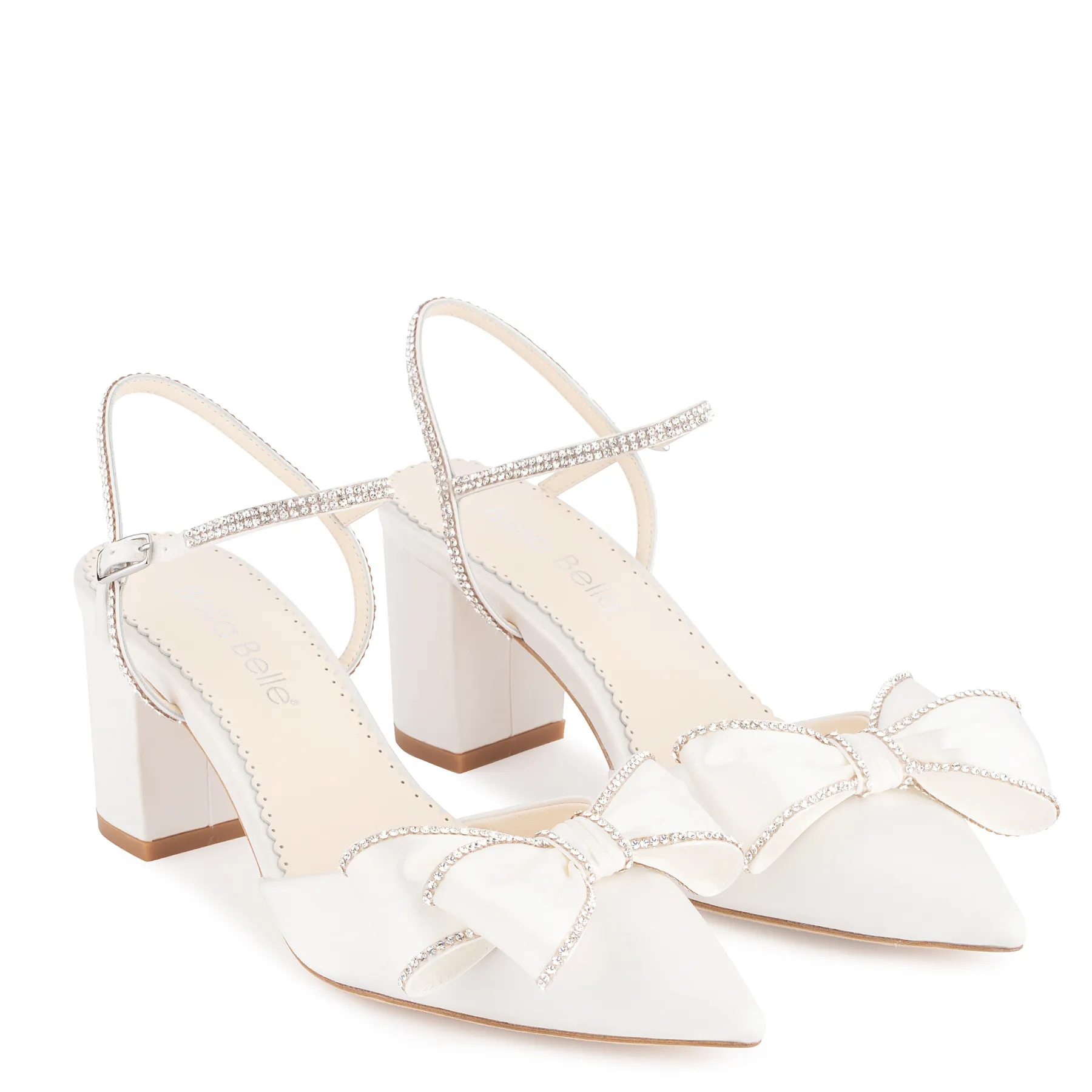 Palmer - Ivory Crystal Edged Wedding Shoes with Bow and Block Heel