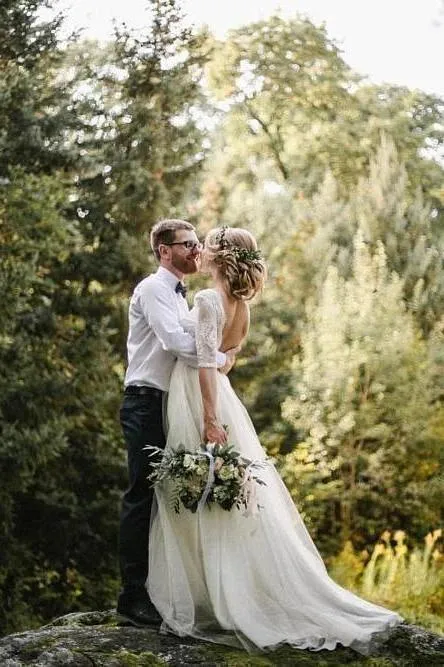 Puffy Half Sleeves Backless Wedding Dresses, Floor Length Long Beach Wedding Dress UQ2250