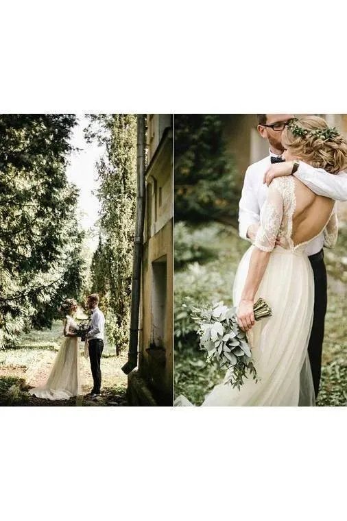 Puffy Half Sleeves Backless Wedding Dresses, Floor Length Long Beach Wedding Dress UQ2250