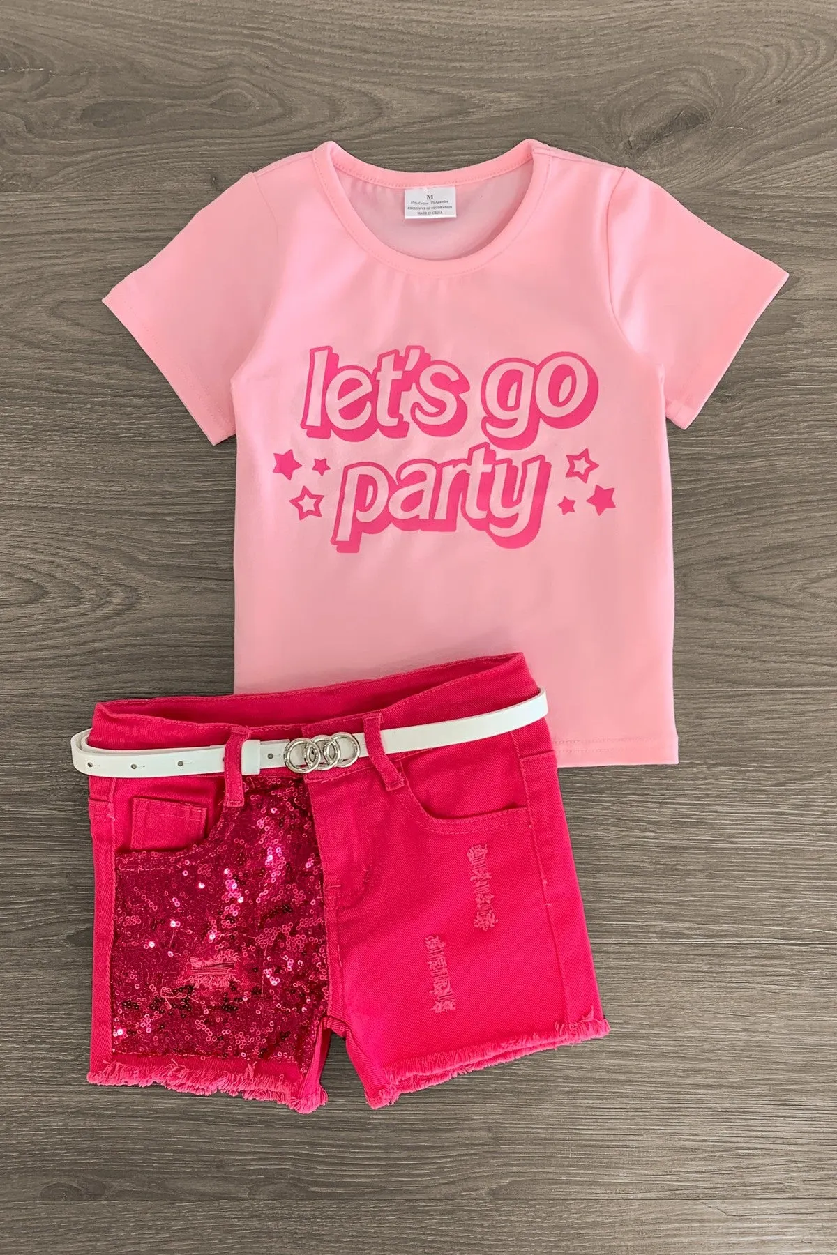 "Let's Go Party" Pink Denim Short Set