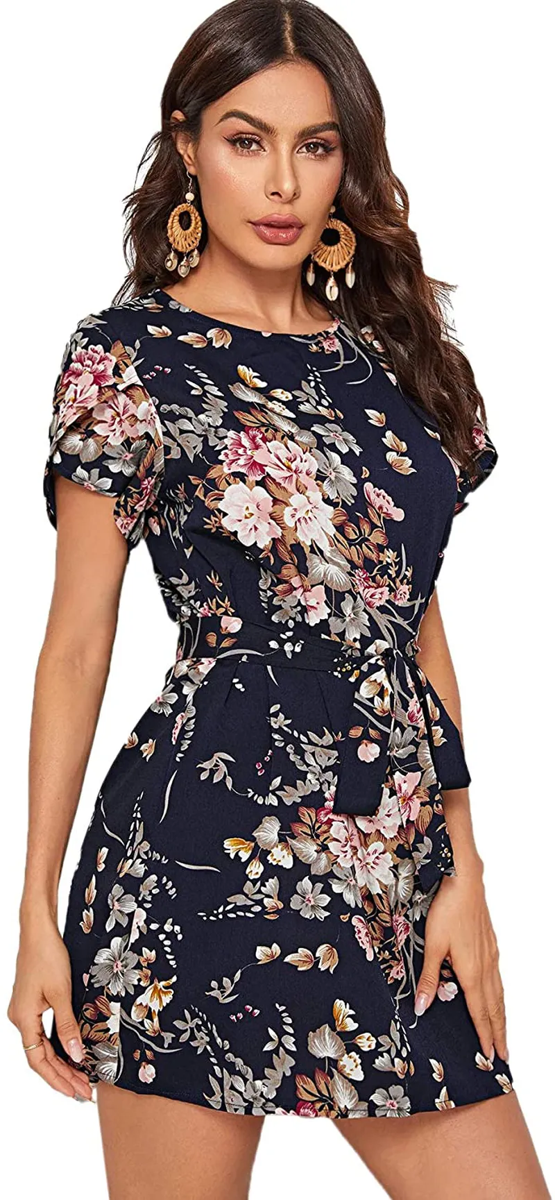 Romwe Women's Petal Short Sleeve Floral Print Belted Casual Mini Tunic Dress