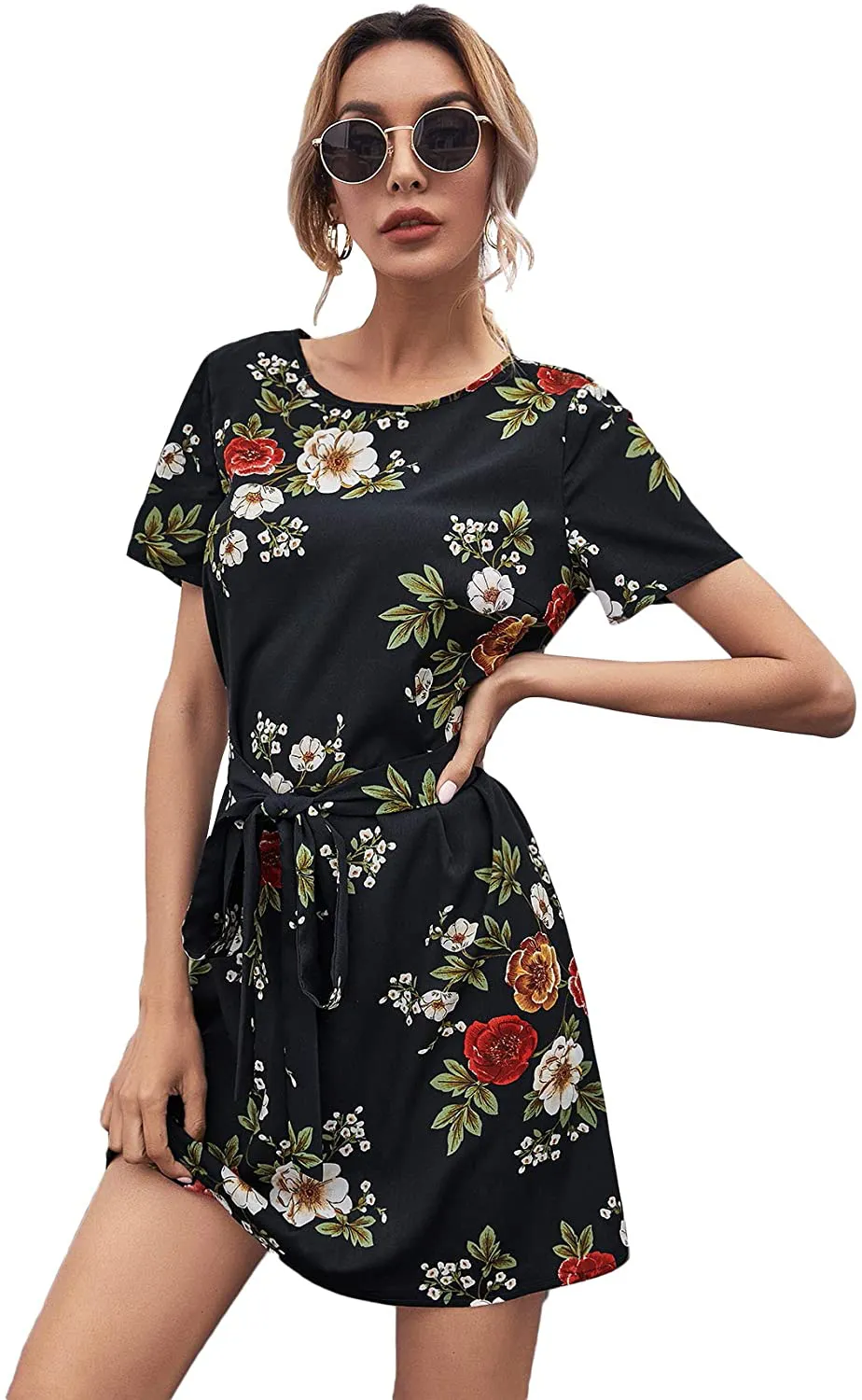 Romwe Women's Petal Short Sleeve Floral Print Belted Casual Mini Tunic Dress