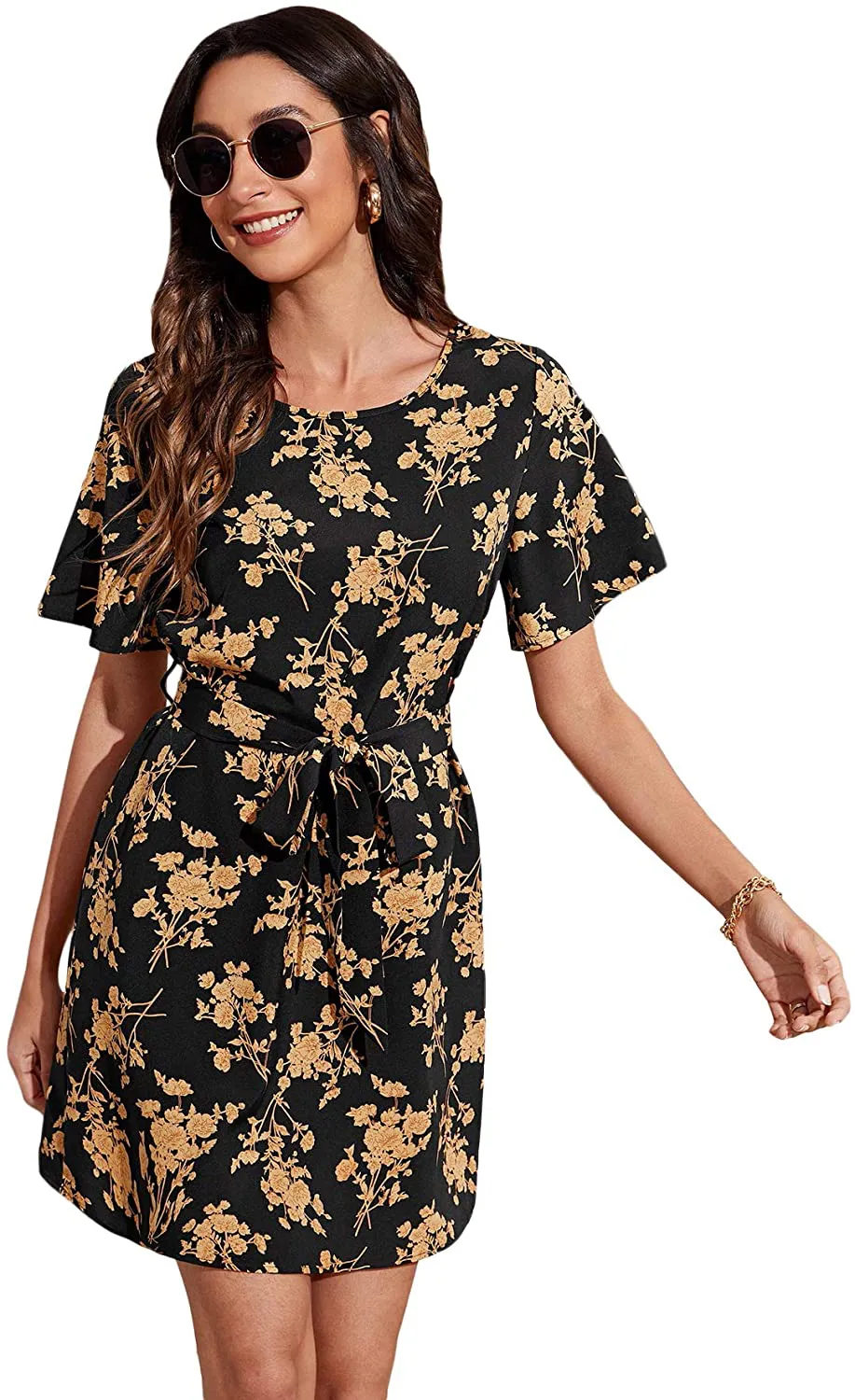 Romwe Women's Petal Short Sleeve Floral Print Belted Casual Mini Tunic Dress