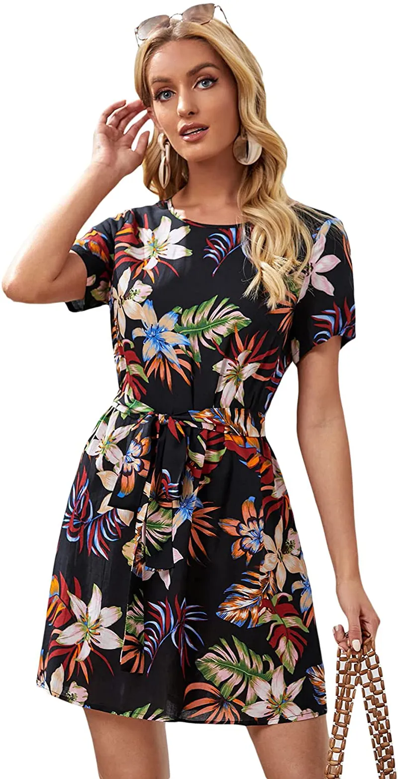 Romwe Women's Petal Short Sleeve Floral Print Belted Casual Mini Tunic Dress