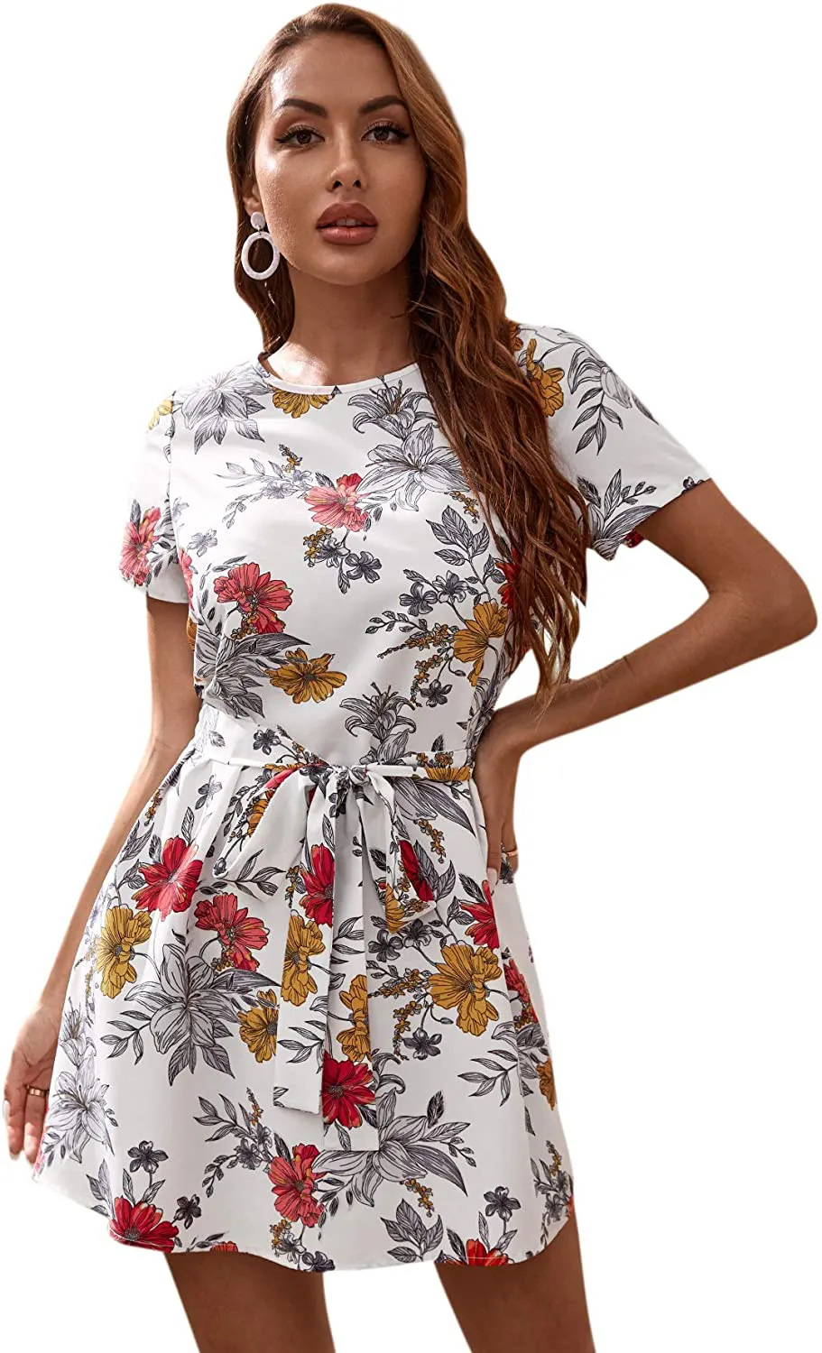 Romwe Women's Petal Short Sleeve Floral Print Belted Casual Mini Tunic Dress