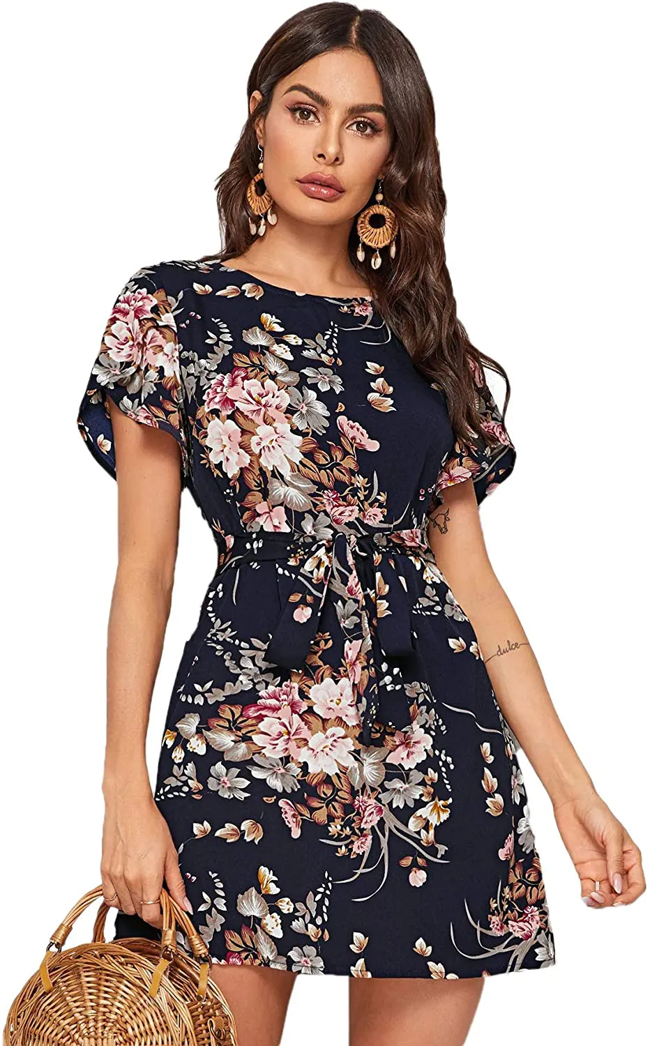 Romwe Women's Petal Short Sleeve Floral Print Belted Casual Mini Tunic Dress