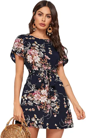 Romwe Women's Petal Short Sleeve Floral Print Belted Casual Mini Tunic Dress