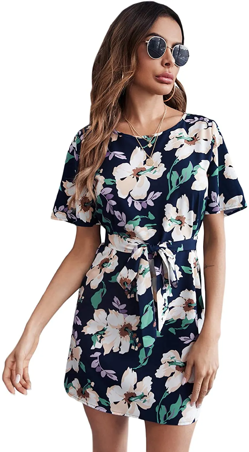 Romwe Women's Petal Short Sleeve Floral Print Belted Casual Mini Tunic Dress