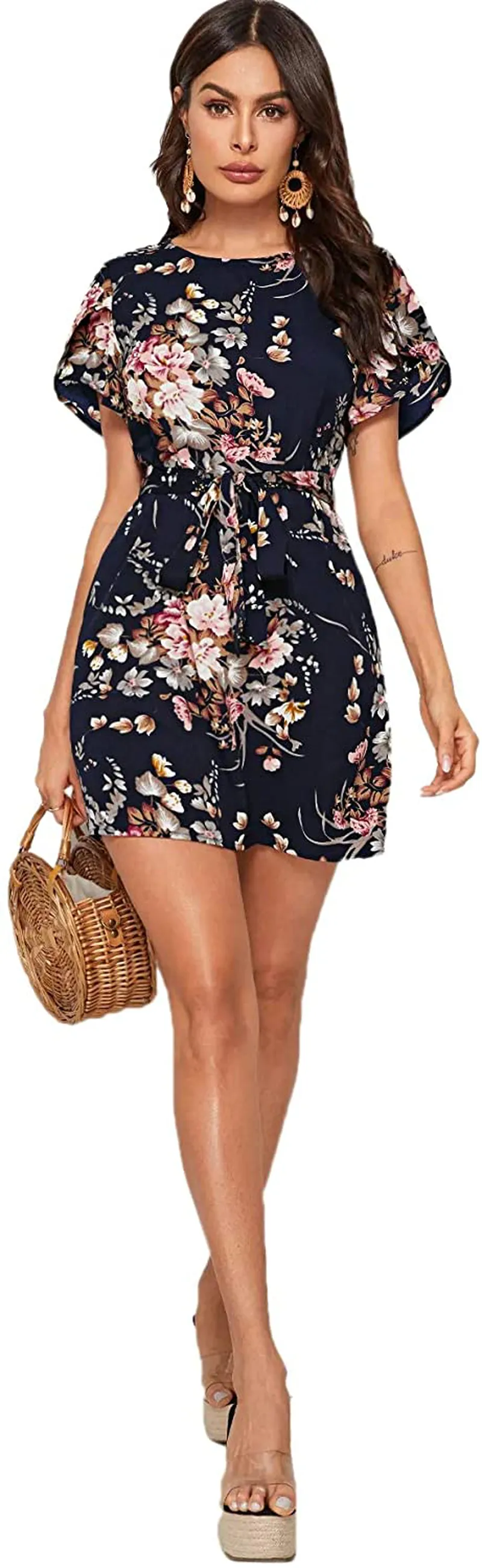 Romwe Women's Petal Short Sleeve Floral Print Belted Casual Mini Tunic Dress