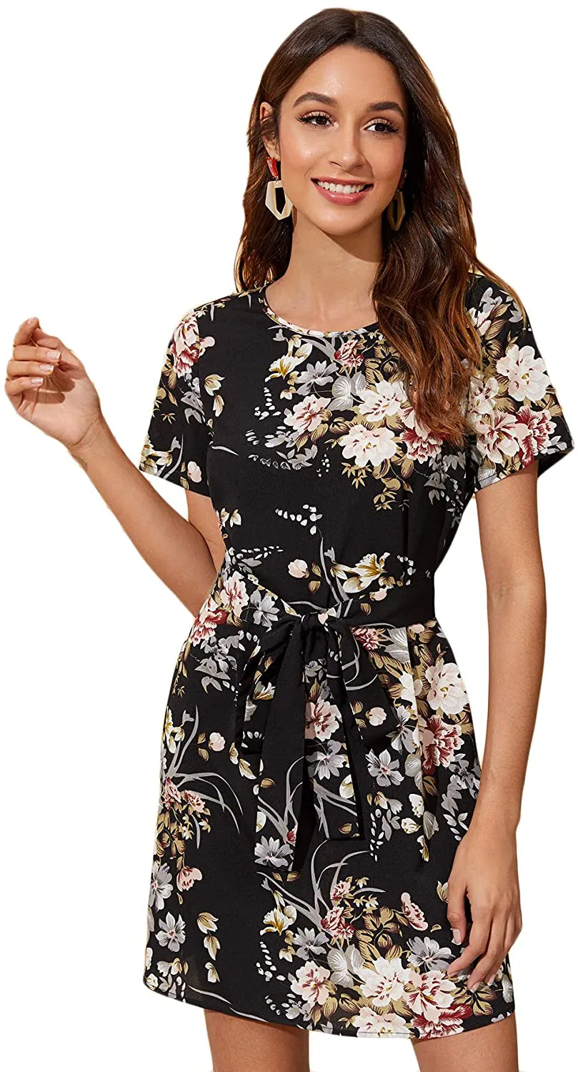 Romwe Women's Petal Short Sleeve Floral Print Belted Casual Mini Tunic Dress