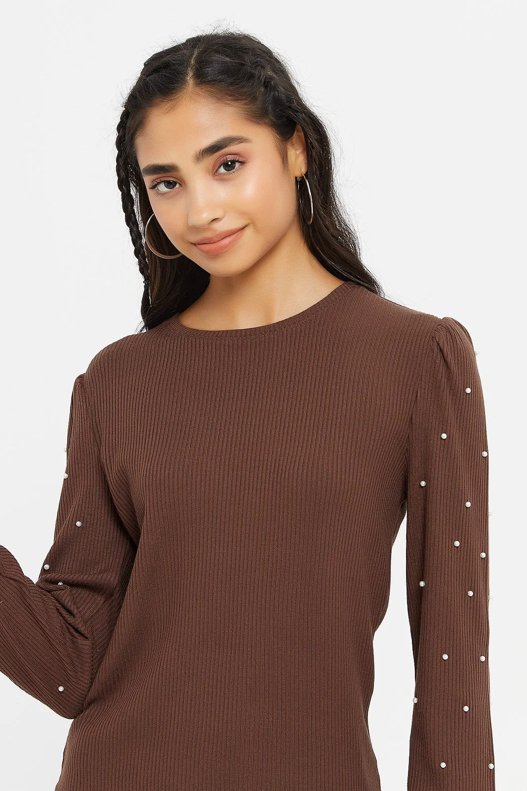 Senior Girls Brown Pearl Embellished Top