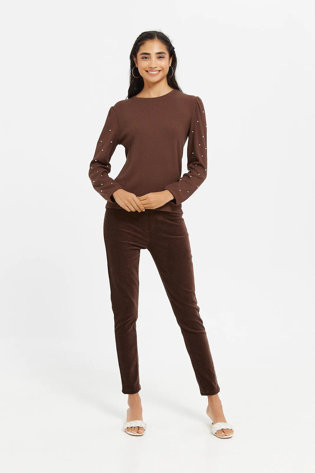 Senior Girls Brown Pearl Embellished Top