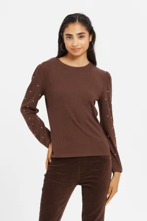 Senior Girls Brown Pearl Embellished Top