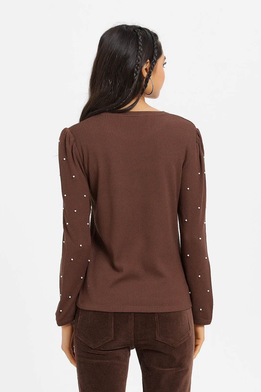Senior Girls Brown Pearl Embellished Top