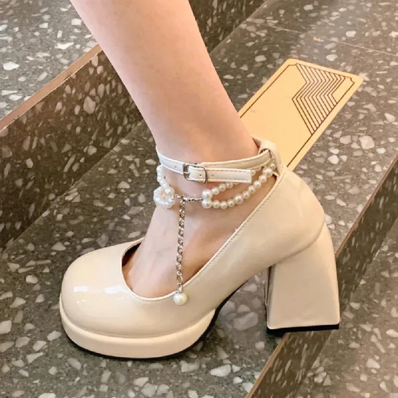 Sohiwoo Fashion Ankle Strap Pearl Pumps for Women New High Heels Platform Mary Janes Woan Round Toe Thick Heel Party Shoes Female
