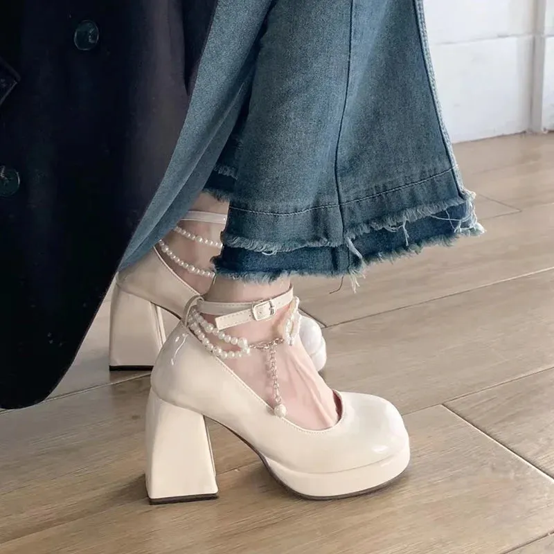 Sohiwoo Fashion Ankle Strap Pearl Pumps for Women New High Heels Platform Mary Janes Woan Round Toe Thick Heel Party Shoes Female