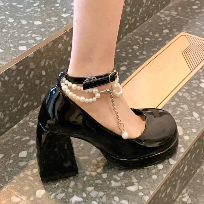 Sohiwoo Fashion Ankle Strap Pearl Pumps for Women New High Heels Platform Mary Janes Woan Round Toe Thick Heel Party Shoes Female