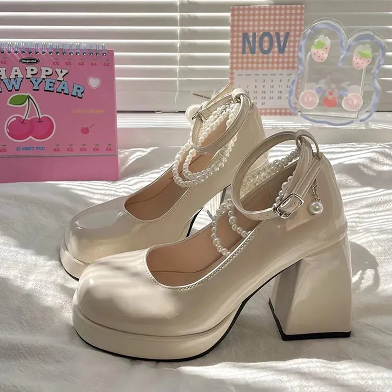 Sohiwoo Fashion Ankle Strap Pearl Pumps for Women New High Heels Platform Mary Janes Woan Round Toe Thick Heel Party Shoes Female