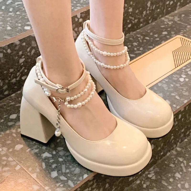 Sohiwoo Fashion Ankle Strap Pearl Pumps for Women New High Heels Platform Mary Janes Woan Round Toe Thick Heel Party Shoes Female
