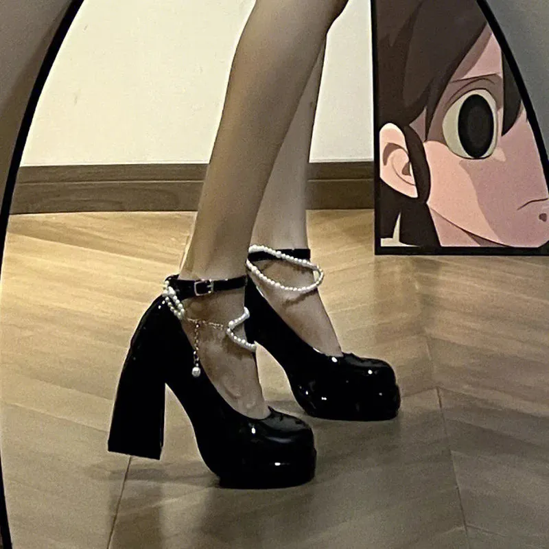 Sohiwoo Fashion Ankle Strap Pearl Pumps for Women New High Heels Platform Mary Janes Woan Round Toe Thick Heel Party Shoes Female