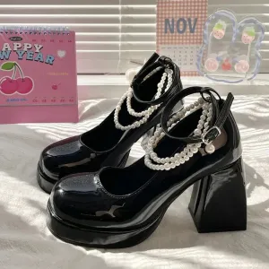 Sohiwoo Fashion Ankle Strap Pearl Pumps for Women New High Heels Platform Mary Janes Woan Round Toe Thick Heel Party Shoes Female