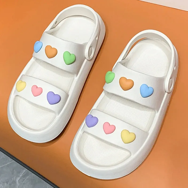 Sohiwoo Heart Decoration Platform Sandals for Women Summer Eva Soft Sole Baech Slippers Woman Anti-Slip Pink Slides Shoes