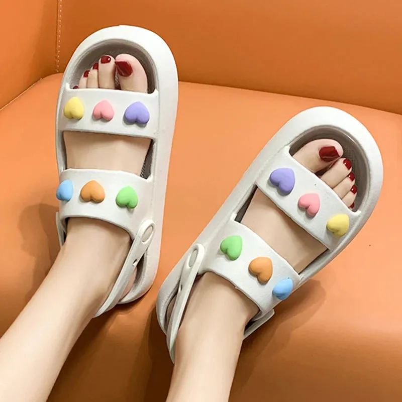 Sohiwoo Heart Decoration Platform Sandals for Women Summer Eva Soft Sole Baech Slippers Woman Anti-Slip Pink Slides Shoes