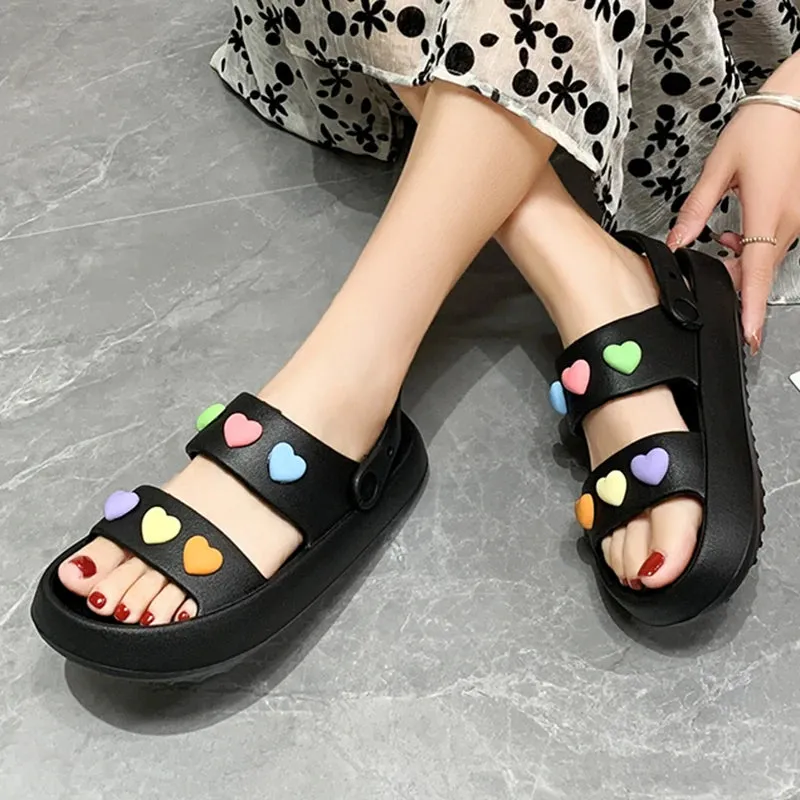 Sohiwoo Heart Decoration Platform Sandals for Women Summer Eva Soft Sole Baech Slippers Woman Anti-Slip Pink Slides Shoes