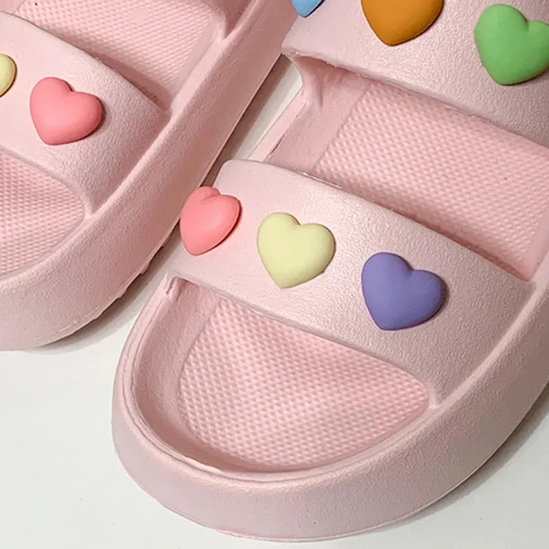 Sohiwoo Heart Decoration Platform Sandals for Women Summer Eva Soft Sole Baech Slippers Woman Anti-Slip Pink Slides Shoes