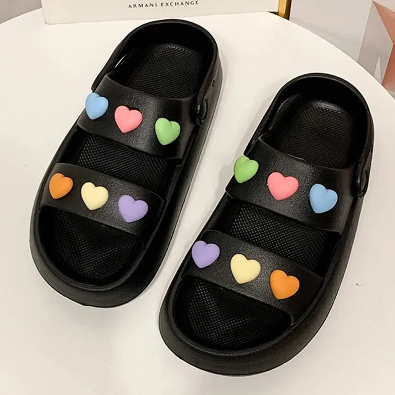 Sohiwoo Heart Decoration Platform Sandals for Women Summer Eva Soft Sole Baech Slippers Woman Anti-Slip Pink Slides Shoes