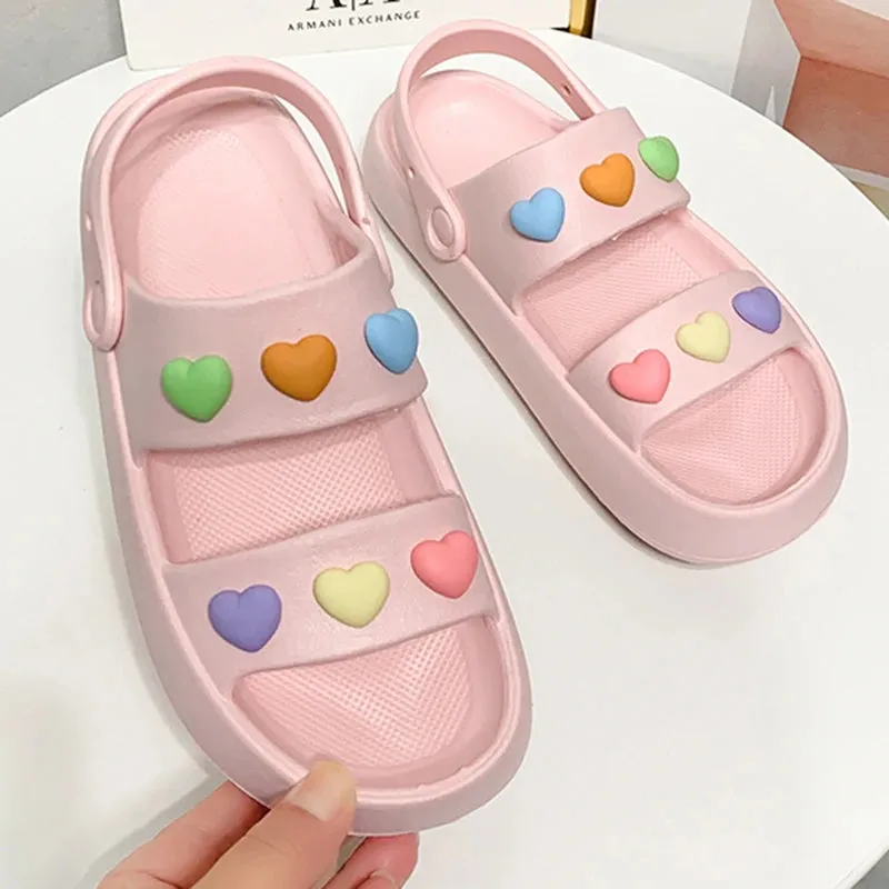 Sohiwoo Heart Decoration Platform Sandals for Women Summer Eva Soft Sole Baech Slippers Woman Anti-Slip Pink Slides Shoes