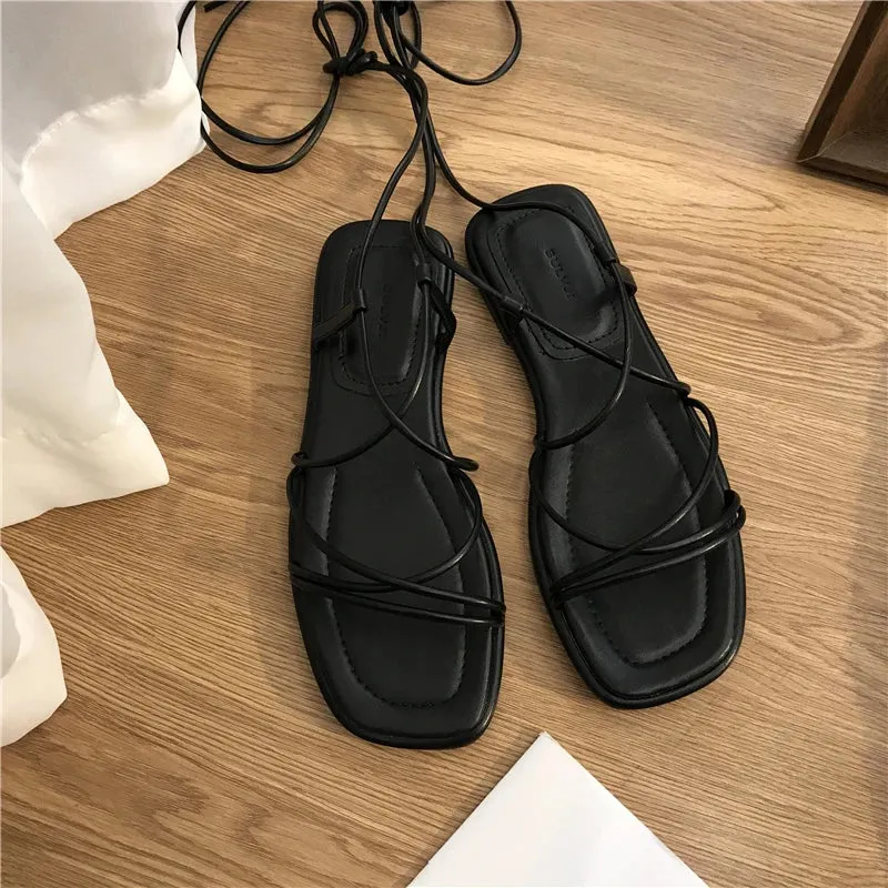 Sohiwoo Roman Sandals Women's 2024 Summer New Fashion Flat Open Toe Cross Tie Shoes Casual Elegant Dress Lace Up Beach Gladiator Sandals