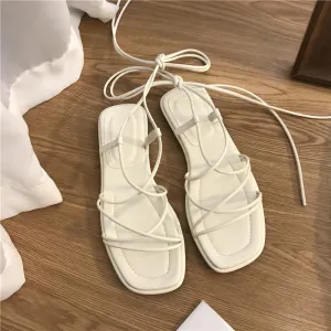 Sohiwoo Roman Sandals Women's 2024 Summer New Fashion Flat Open Toe Cross Tie Shoes Casual Elegant Dress Lace Up Beach Gladiator Sandals