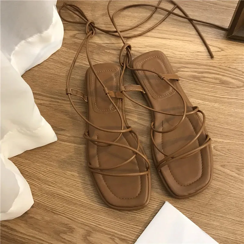 Sohiwoo Roman Sandals Women's 2024 Summer New Fashion Flat Open Toe Cross Tie Shoes Casual Elegant Dress Lace Up Beach Gladiator Sandals