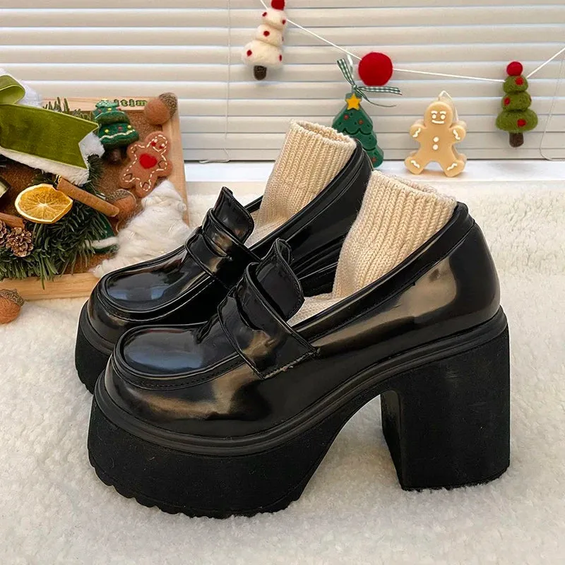 Sohiwoo Super High Heels Loafers Women 2024 Spring Patent Leather Chunky Platform Pumps Woman Slip On Black Jk Uniform Shoes Mary Janes