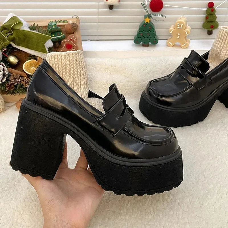Sohiwoo Super High Heels Loafers Women 2024 Spring Patent Leather Chunky Platform Pumps Woman Slip On Black Jk Uniform Shoes Mary Janes
