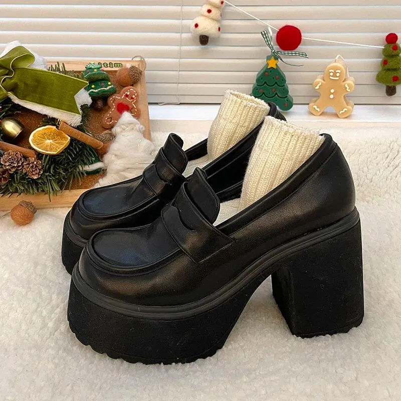 Sohiwoo Super High Heels Loafers Women 2024 Spring Patent Leather Chunky Platform Pumps Woman Slip On Black Jk Uniform Shoes Mary Janes