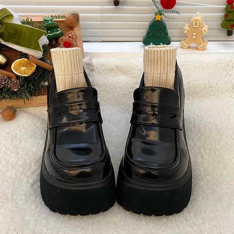 Sohiwoo Super High Heels Loafers Women 2024 Spring Patent Leather Chunky Platform Pumps Woman Slip On Black Jk Uniform Shoes Mary Janes