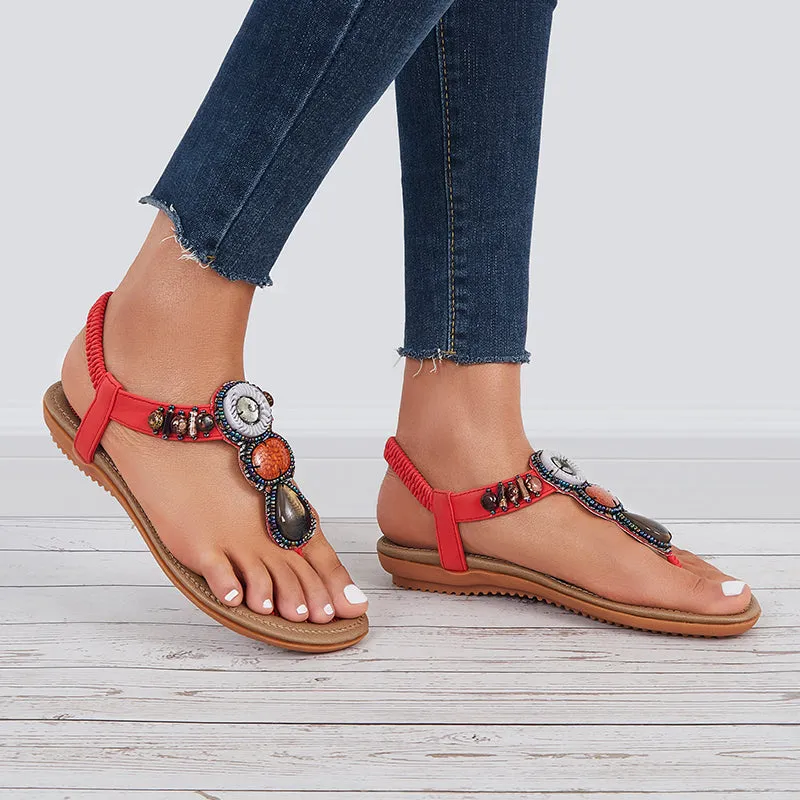 Sohiwoo  Women Boho Low Heel Flip Flop Sandals Elastic Ankle T-Strap Holiday Beach Shoes