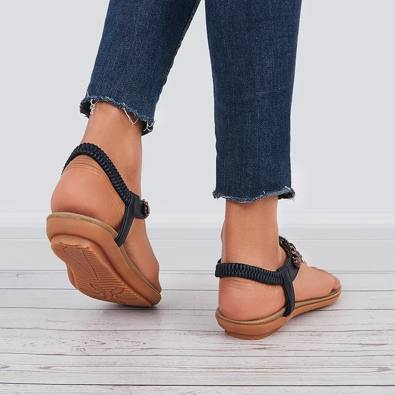 Sohiwoo  Women Boho Low Heel Flip Flop Sandals Elastic Ankle T-Strap Holiday Beach Shoes