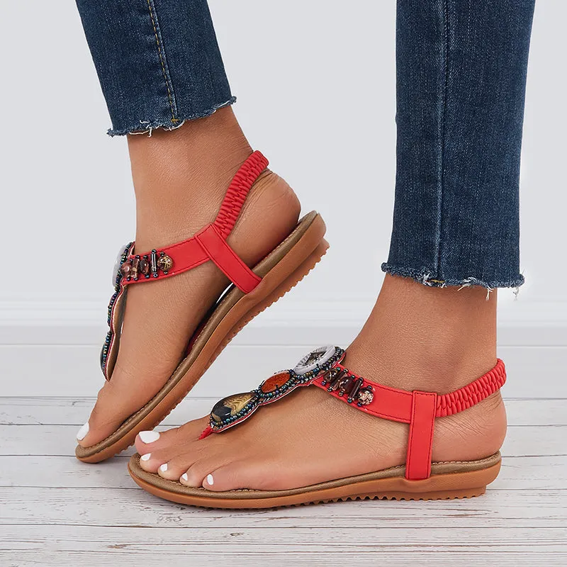Sohiwoo  Women Boho Low Heel Flip Flop Sandals Elastic Ankle T-Strap Holiday Beach Shoes