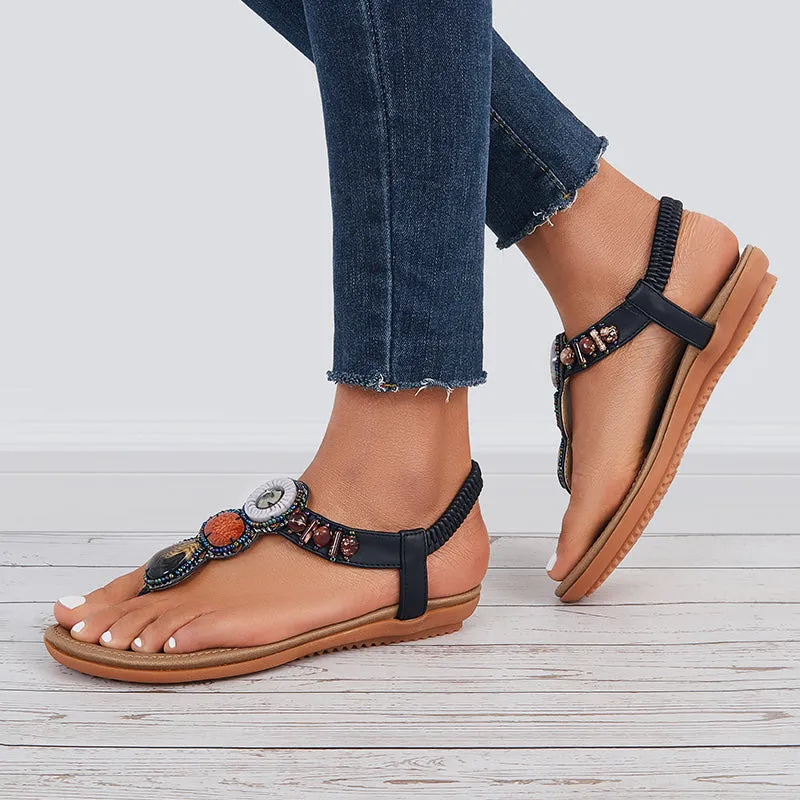 Sohiwoo  Women Boho Low Heel Flip Flop Sandals Elastic Ankle T-Strap Holiday Beach Shoes