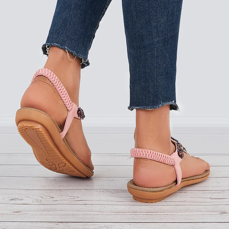 Sohiwoo  Women Boho Low Heel Flip Flop Sandals Elastic Ankle T-Strap Holiday Beach Shoes