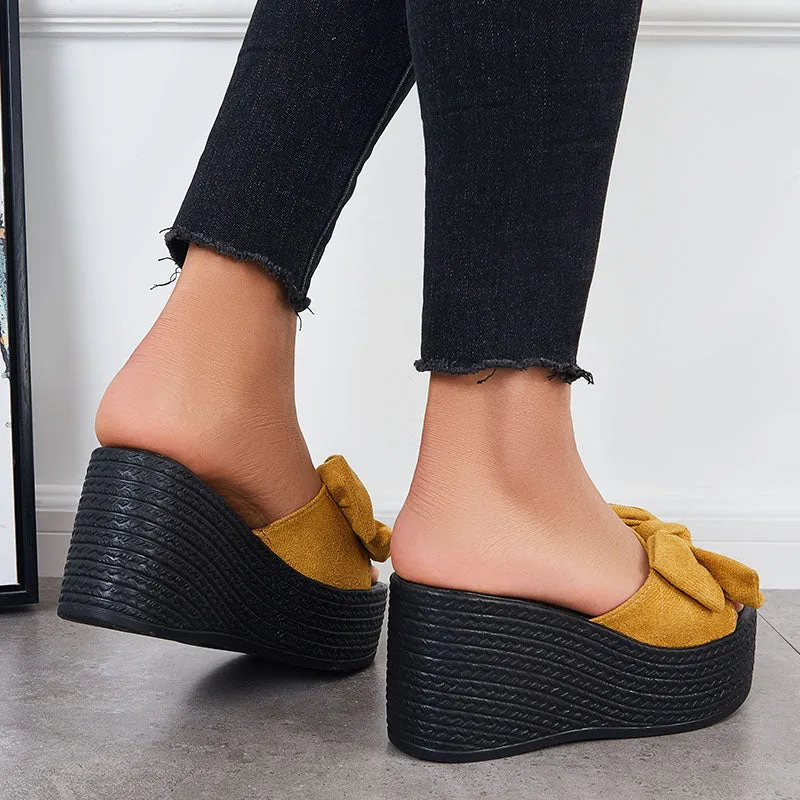 Sohiwoo  Women Bowknot Platform Wedges Slide Sandals Open Toe Slip on Beach Shoes