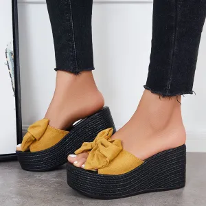 Sohiwoo  Women Bowknot Platform Wedges Slide Sandals Open Toe Slip on Beach Shoes