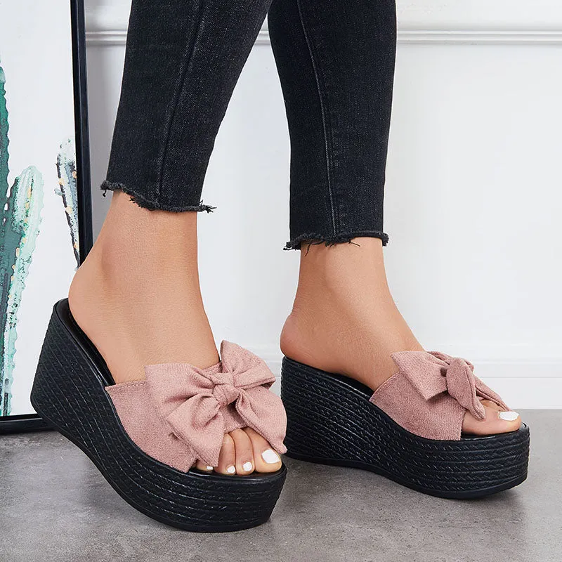 Sohiwoo  Women Bowknot Platform Wedges Slide Sandals Open Toe Slip on Beach Shoes